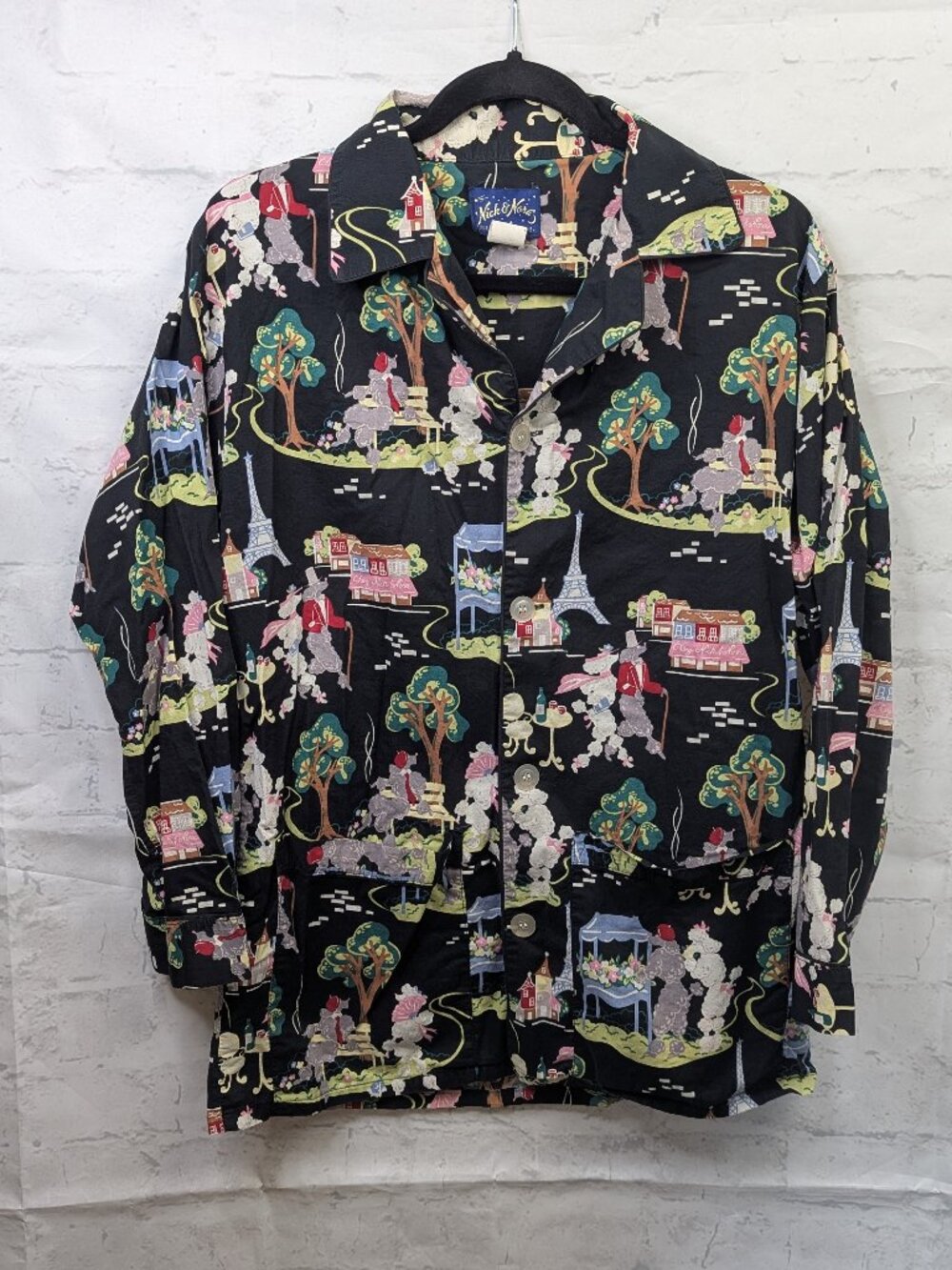 VTG Nick And Nora Pajama Top Women's Small Poodle Paris France Black Made In USA